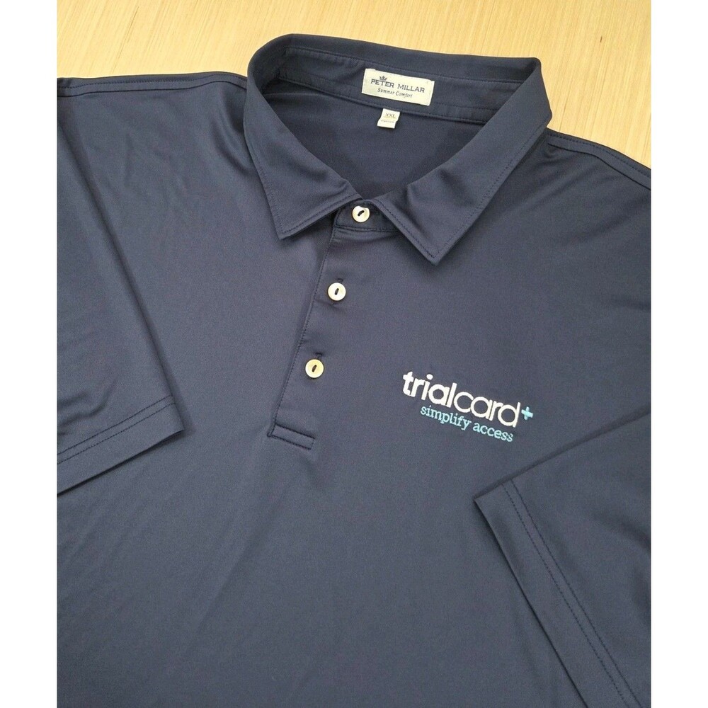 Peter Millar Summer Comfort Navy Polo Shirt Men’s Sz 2XL XXL Company Logo Golf